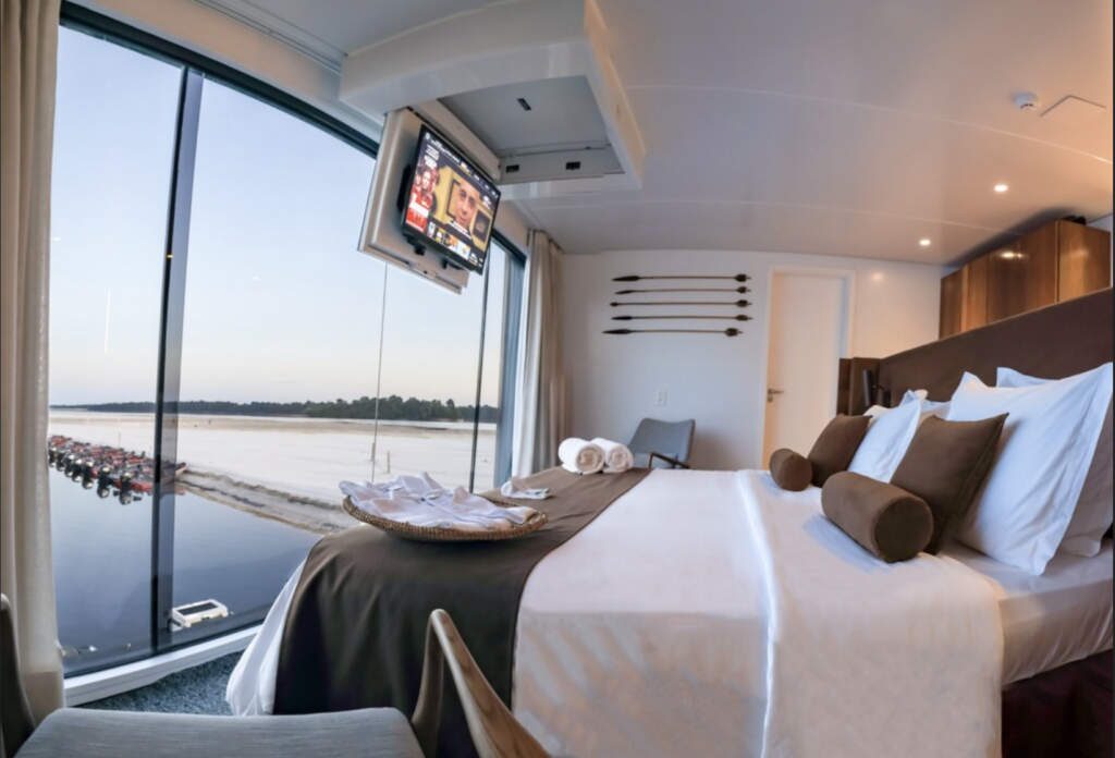 Interior lounge of a partner mothership used on Kraken’s guided amazon fishing trips for peacock bass in Brazil.